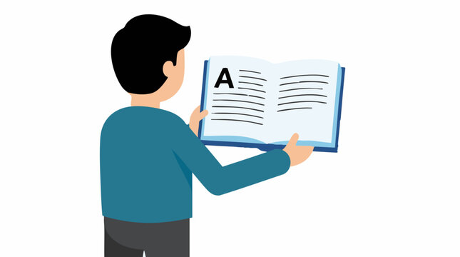 Illustration of a person from behind reading an open book with letter A