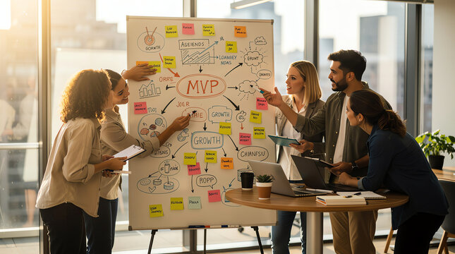 A diverse team collaborates in a modern office, brainstorming ideas around an MVP strategy on a whiteboard filled with charts and notes.