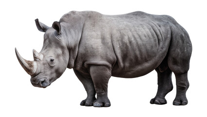 Fototapeta premium Grey rhinoceros with two horns standing profile view
