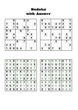 Sudoku game template with four number grids showing puzzles and solved versions for newspaper publication