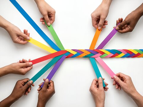 Multiple hands weaving colorful ribbons symbolizing unity and diversity.