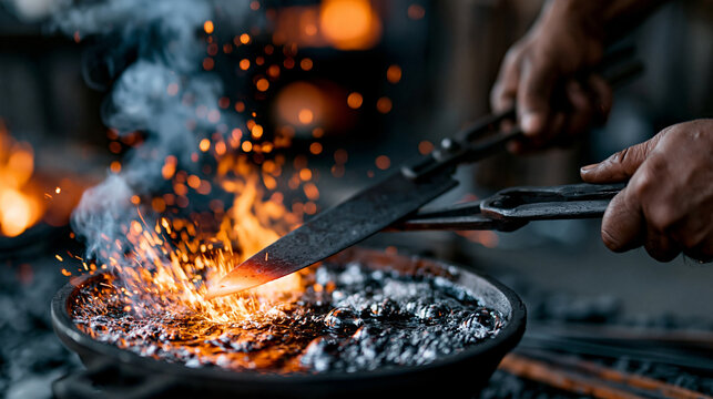 A realistic commercial stock image of a hot steel blade being plunged into a container of oil, close view of dynamic orange flames bursting and white smoke rising as the liquid ign