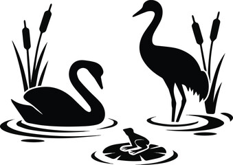 Naklejka premium Isolated on wetland silhouette scene with swan crane frog reeds and water lily vector art on white background