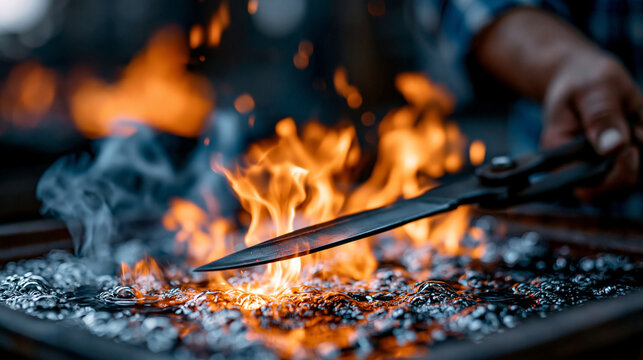 A realistic commercial stock image of a hot steel blade being plunged into a container of oil, close view of dynamic orange flames bursting and white smoke rising as the liquid ign