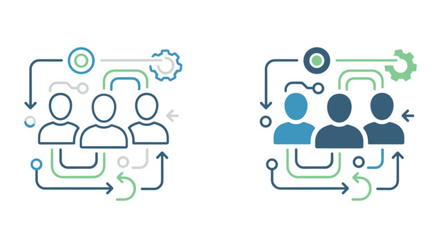 Workflow management and team cooperation icon set featuring circular flow charts and gear symbols representing systemic process optimization and professional collaboration