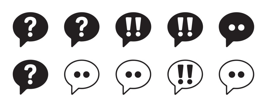 Speech bubble icons with question marks exclamation marks and dots for communication on transparent background.