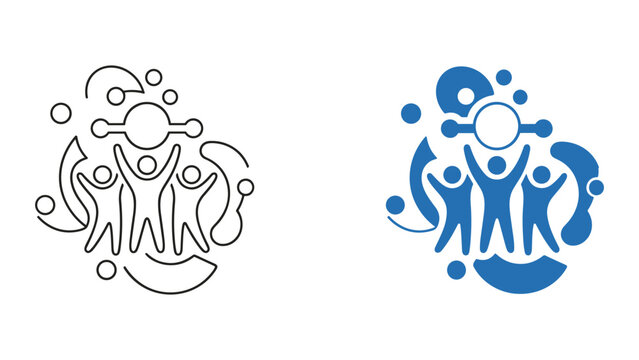 Team synergy and interconnected collaboration icon showing people with abstract network nodes and circles for organizational unity and community growth in clean line and solid blue vector style