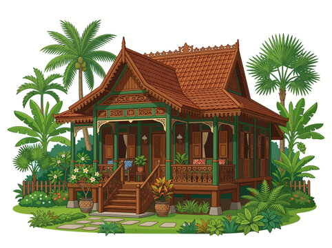 Vector illustration of traditional Betawi Kebaya House featuring coconut trees, banana plants, and wooden backyard fence surrounded by tropical vegetation in clean flat design.
