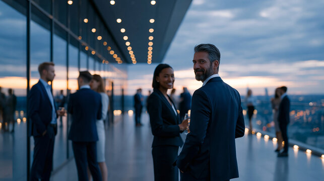 photorealistic rooftop business networking event at sunset, stylish business men and women in elegant formal wear, standing in small natural groups and talking casually, captured f