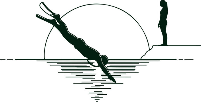 Silhouette diver jumping into sunset water with graphic sun and person watching from shore.