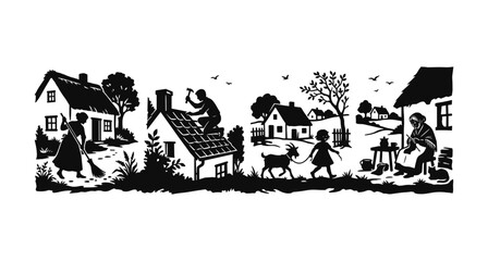 Obraz premium Traditional Village Life Landscape Silhouette Vector Illustration, Rural People Sweeping Repairing Roof and Crafting Black Shapes on Countryside Cottages Background