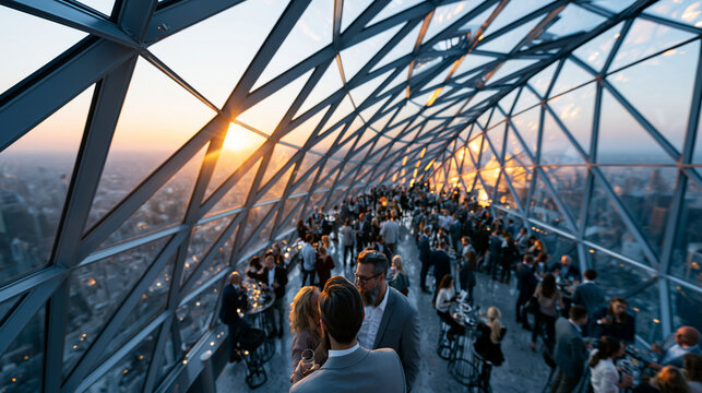 A photorealistic high-angle view of an elite networking session on a modern glass-domed rooftop at sunset, professional men and women in smart casual business attire mingling aroun