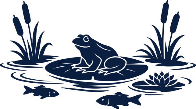 Isolated on Elegant blue silhouette a frog sitting on a lily pad in a pond with fish and cattails vector art on white background