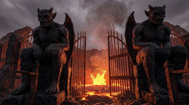 Gargoyle statues guarding gates of hell with burning lava