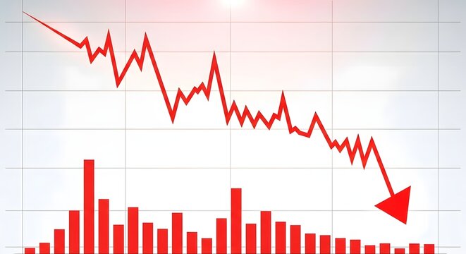 Declining graph, falling chart, red downward trend, business finance indicator