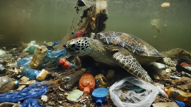 Sea turtle surrounded by plastic pollution in ocean environment 4k video