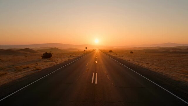 A long, straight desert highway stretches towards a vibrant sunset, creating a sense of vastness and tranquility.