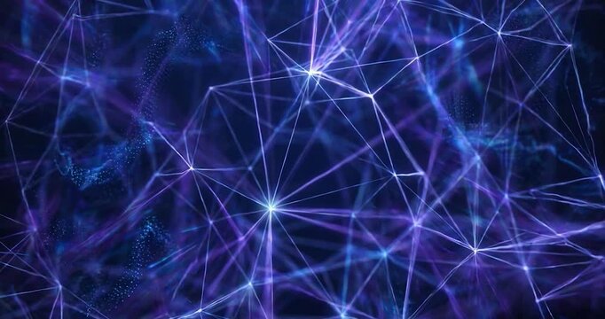 Digital network abstract background connection data technology blockchain with purple glowing node line mesh, futuristic cyberspace communication, blue polygon particles, cybersecurity and big data