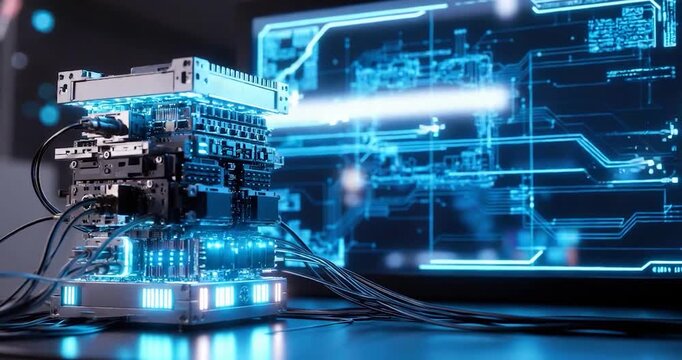 Server data center circuit board computer hardware network cable cybersecurity with server rack motherboard processor monitoring, blue circuit diagram, modern lab lighting, AI electronics technology