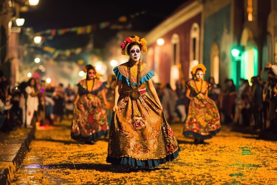 Celebration of Dia de los Muertos with Catrina dancers in the streets during an evening event