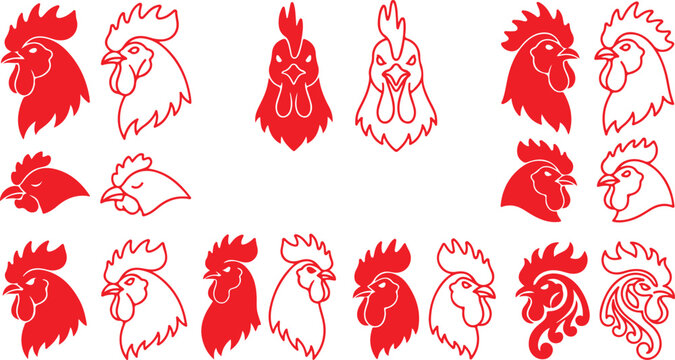 Red rooster heads and profiles in various artistic styles for design elements.