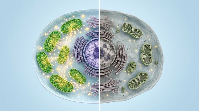 Comparison of healthy and damaged animal cell organelles showing mitochondrial dysfunction and loss of cellular energy