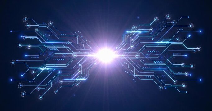 Abstract technology digital network circuit board data connection blue background with glowing light, futuristic interface for cyber security and data transfer innovation, symmetrical circuitry