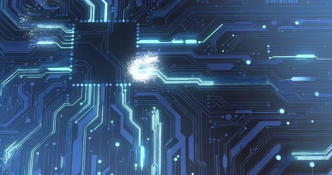 Circuit board technology microchip data network cybersecurity background abstract blue digital design with glowing processor motherboard traces, futuristic electronic data flow and network