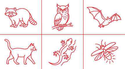 Red line art icons of animals raccoon owl bat cat lizard and insect. © Sadhin