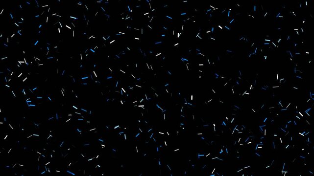 Confetti falling blue and white paper shards tumbling on black background for festive celebration video overlay.