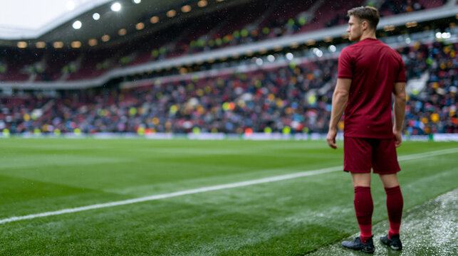 Football stadium viewed from pitch level, overcast rainy afternoon with fine mist. Large modern stadium, maroon seating, packed with thousands of blurred supporters holding umbrell