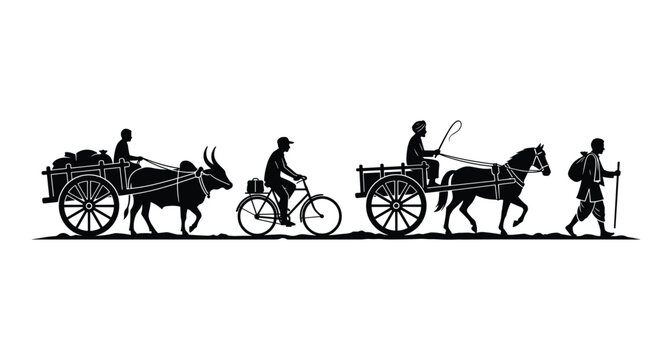 Indian Village Traditional Transportation Silhouette Vector Set, Rural Bullock Cart Horse Cart and Bicycle Black Shapes Isolated on White Background