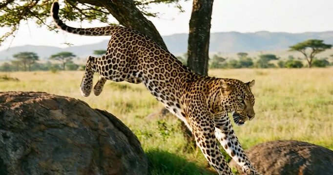 Leopard big cat safari savanna grassland wildlife spotted coat predator hunting Africa stalking through savanna grassland near acacia tree and rock, tail raised, then resting rock tree, alert gaze