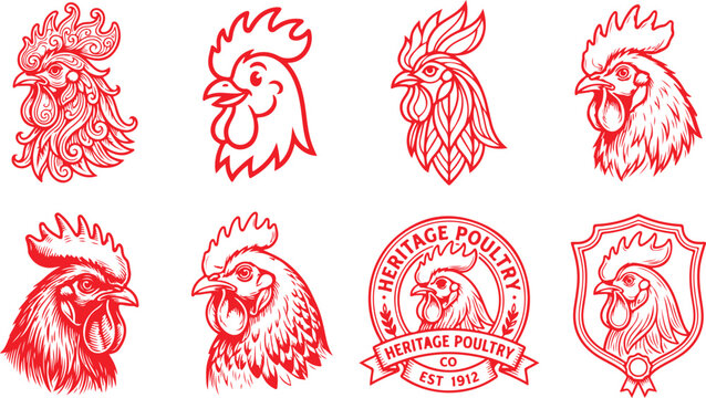 Red line art illustrations of rooster heads and crests on transparent background.