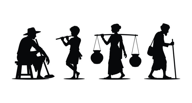 Indian Village People Silhouette Vector Set, Rural Old Man with Stick Woman Carrying Water Pots and Boy Playing Flute Black Shapes Isolated on White Background