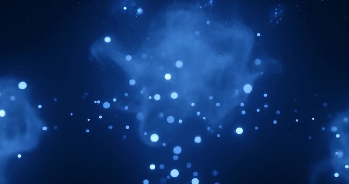 Blue abstract bokeh light particle background glow glowing dot circle dark gradient with defocused circles, misty haze, dreamy underwater night sky texture for holiday festive technology backdrop