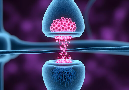 Scientific illustration of a synapse with neurotransmitters crossing the gap between neurons in the human brain
