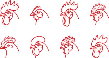 Collection of red outline drawings of chicken heads in various expressive poses on transparent. © Sadhin
