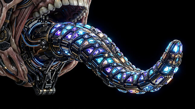 Cybernetic creature with glowing segmented tongue, futuristic biomechanical horror concept
