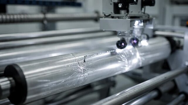 Medium shot of an inline AI vision system capturing detailed filament surface flaws during realtime quality inspection on a production line