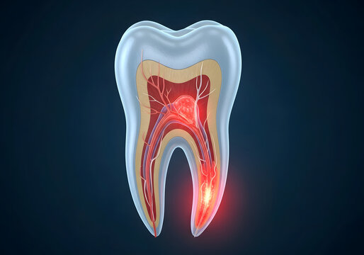 Anatomical cross section of a human tooth showing deep decay pulpitis infection and inflammation of blood vessels