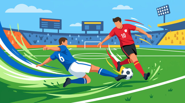 Dynamic Soccer Players Competing for Ball on Green Field in Stadium