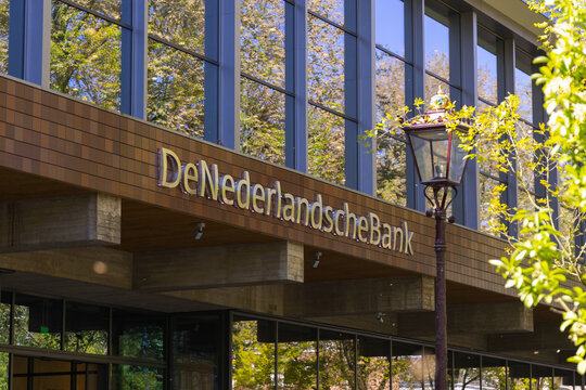 Amsterdam, Netherlands - 30 April 2026: View of the De Nederlandsche Bank DNB headquarters in Amsterdam showing the buildings sign.