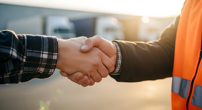 Logistics professional and truck driver shaking hands at warehouse loading dock with handshake logistics transport