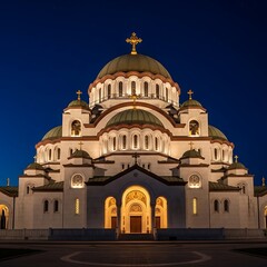 Fototapeta premium Illuminated Orthodox Cathedral Standing Under Deep Blue Night Sky