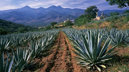 Fototapeta premium Agave plants grow on fertile land in Jalisco, Mexico's mountains. Farmers sow these plants to make mezcal liquor.