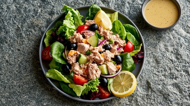 Tuna salad with dressing and greens sat on a stony surface.