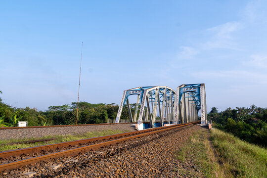 The historical Renville twin railway steel truss bridge over the double tracks in Kebumen, Central Java, Indonesia.