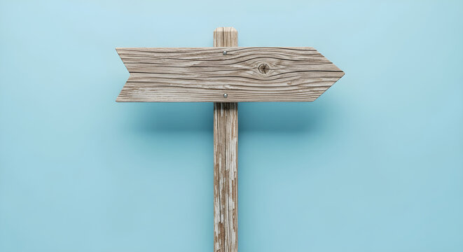 Rustic wooden arrow sign blank template on light blue background