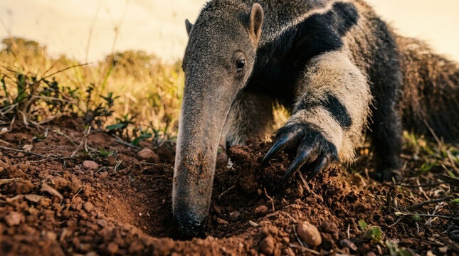 Giant anteater with tongue out walking in savanna grass